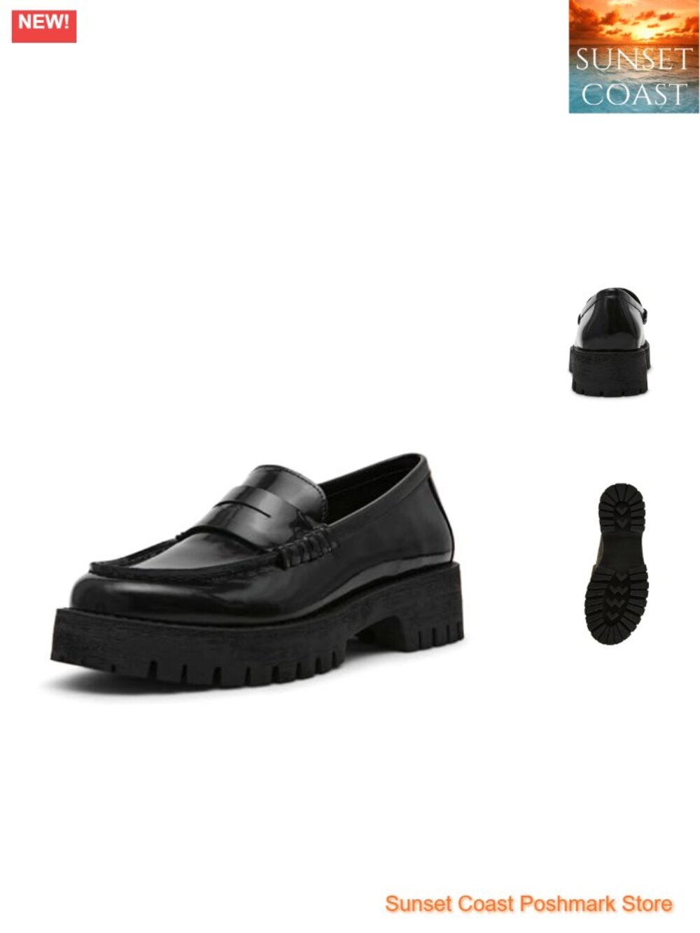 Leather Round Toe Platform Loafers Block Heel Pull-On